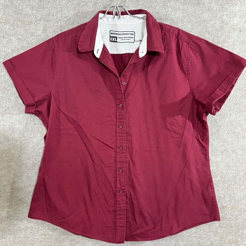 Androgynous Fox Button Up Shirt Unisex 2XL Maroon Short Sleeve Gender Neutral